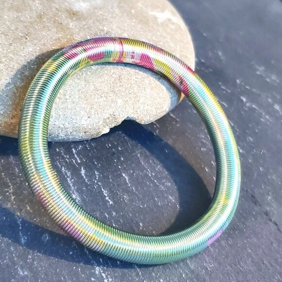 Printed Design Stretch Stainless Steel Coil Green Multicolor Bangle Bracelet #6 - Picture 3 of 7